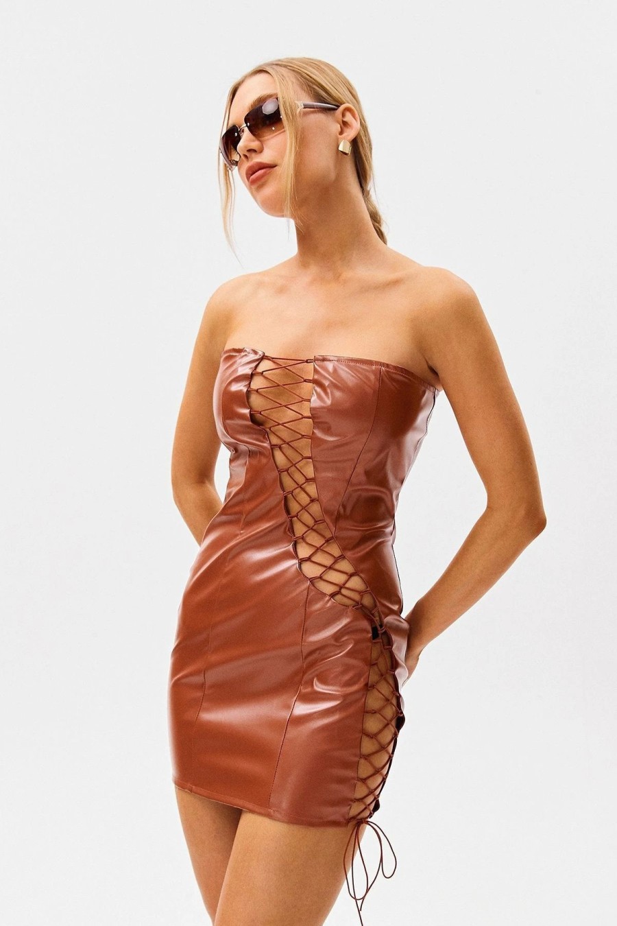 Online * Solado Off Shoulder Lace Up Pu Leather Mini Dress Chocolate