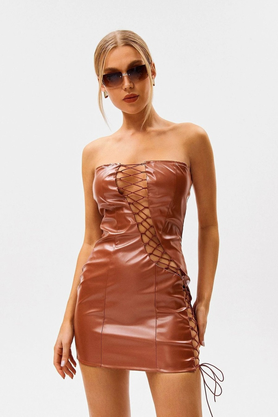 Online * Solado Off Shoulder Lace Up Pu Leather Mini Dress Chocolate