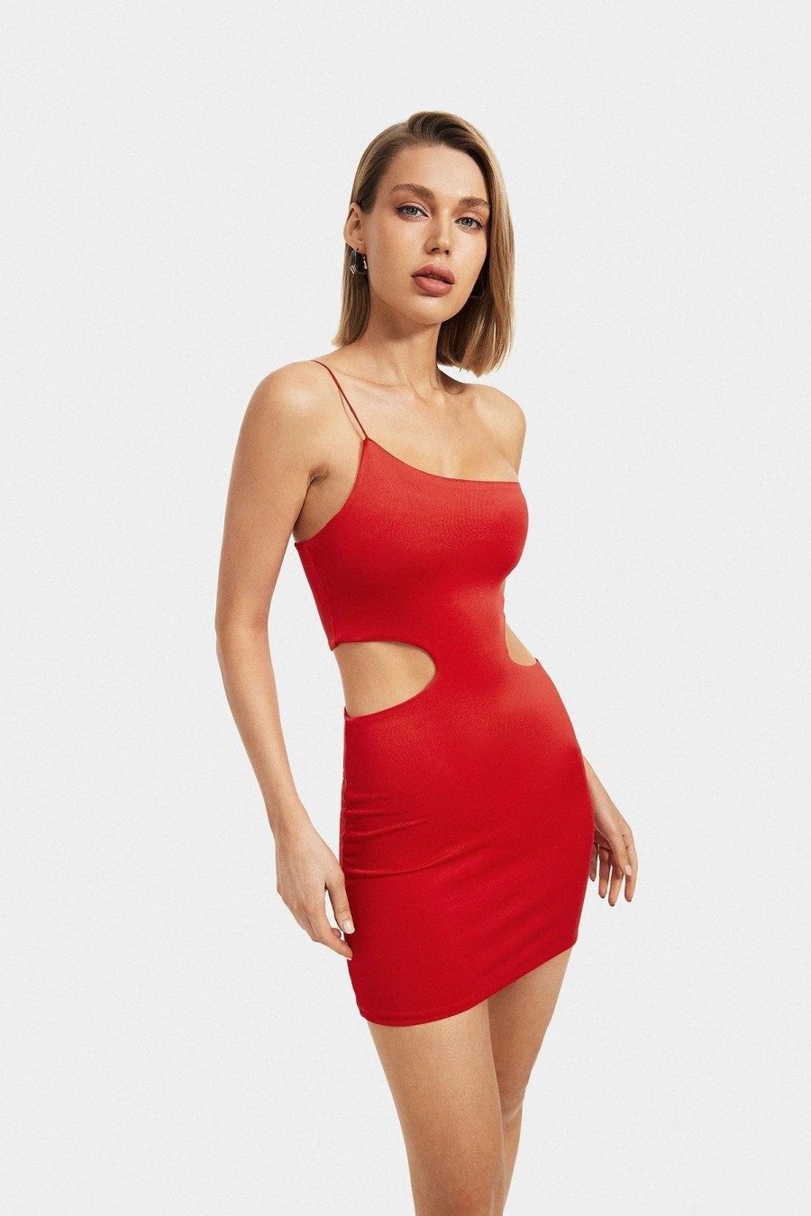 Clearance * Solado One Shoulder Cut Out Backless Bodycon Mini Dress Red