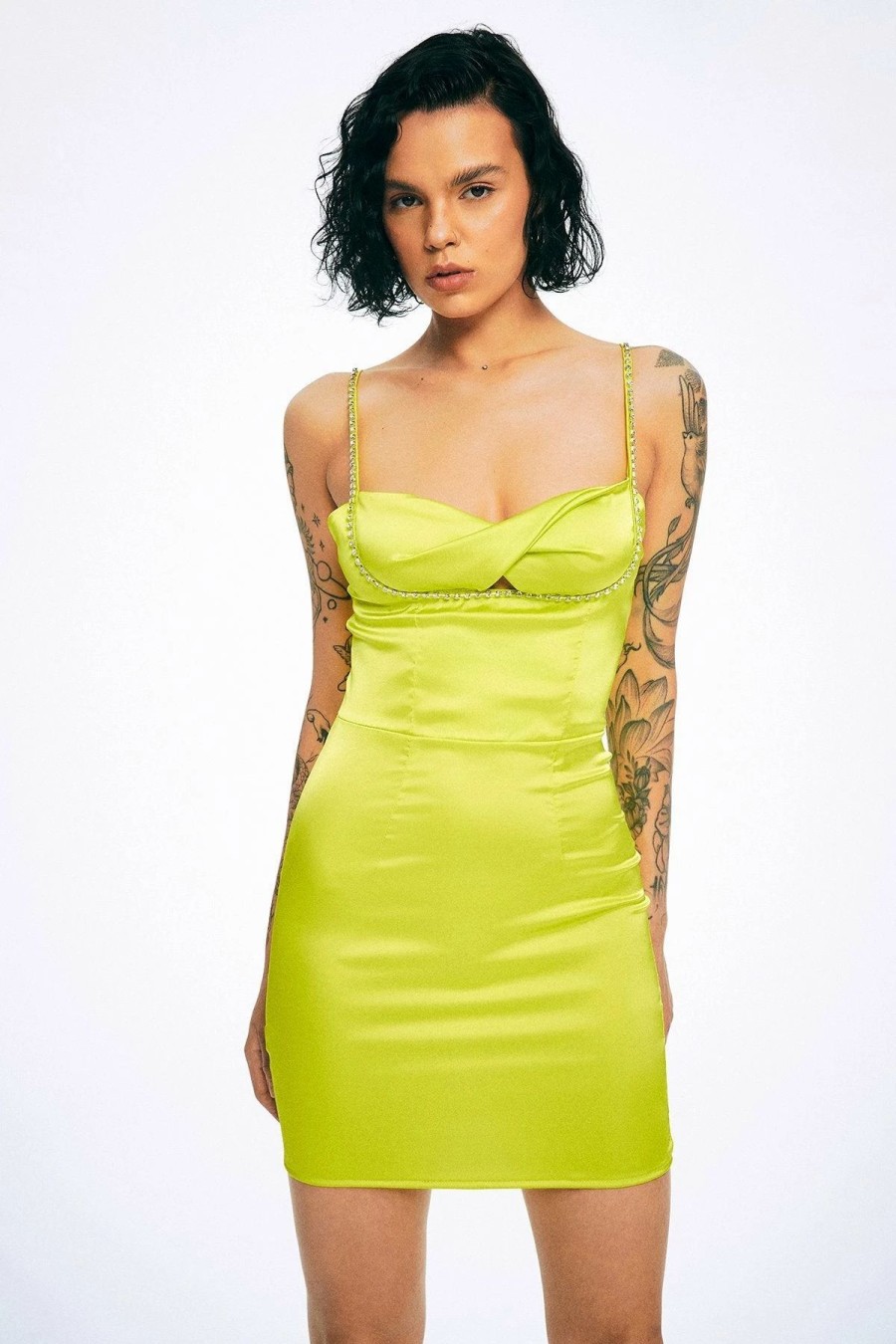 Wholesale * Solado Satin Twist Front Rhinestone Decor Mini Dress Yellowgreen