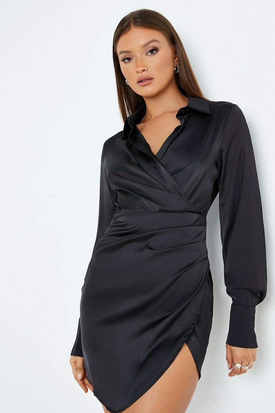 Online * Solado Cross Wrap Asymmetrical Hem Long Sleeve Shirt Dress Black