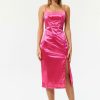 Clearance * Solado Square Neck Satin Split Hem Midi Dress Deeppink