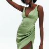 Best * Solado Satin Ruched Split Hem Mini Dress Green