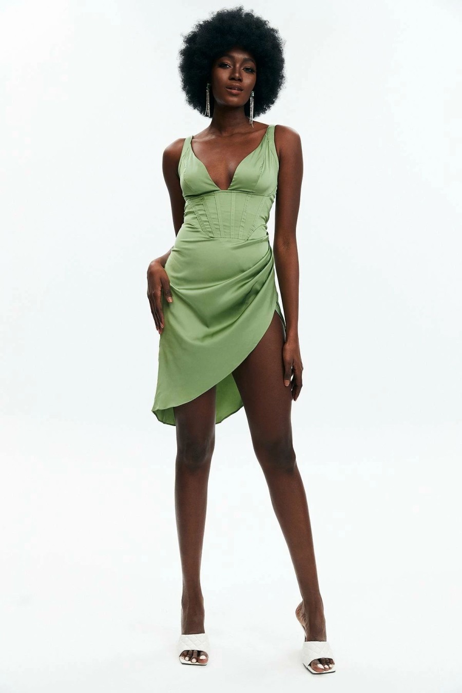 Best * Solado Satin Ruched Split Hem Mini Dress Green