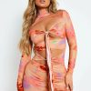 Hot * Solado Abstract Print Cut Out Tie Front Mini Dress Salmon