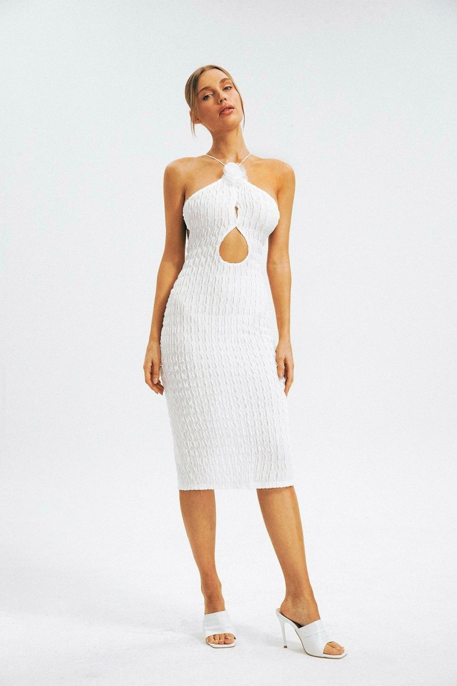 Clearance * Solado Cut Out Backless Split Hem Texture Midi Dress White