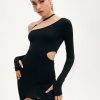 Online * Solado Oblique Shoulder Cut Out Thumb Hole Mini Dress Black