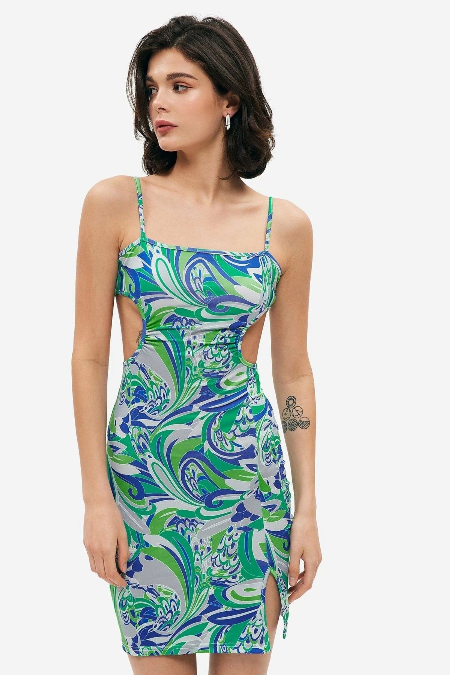 Best * Solado Abstract Print Cut Out Split Hem Mini Dress Green