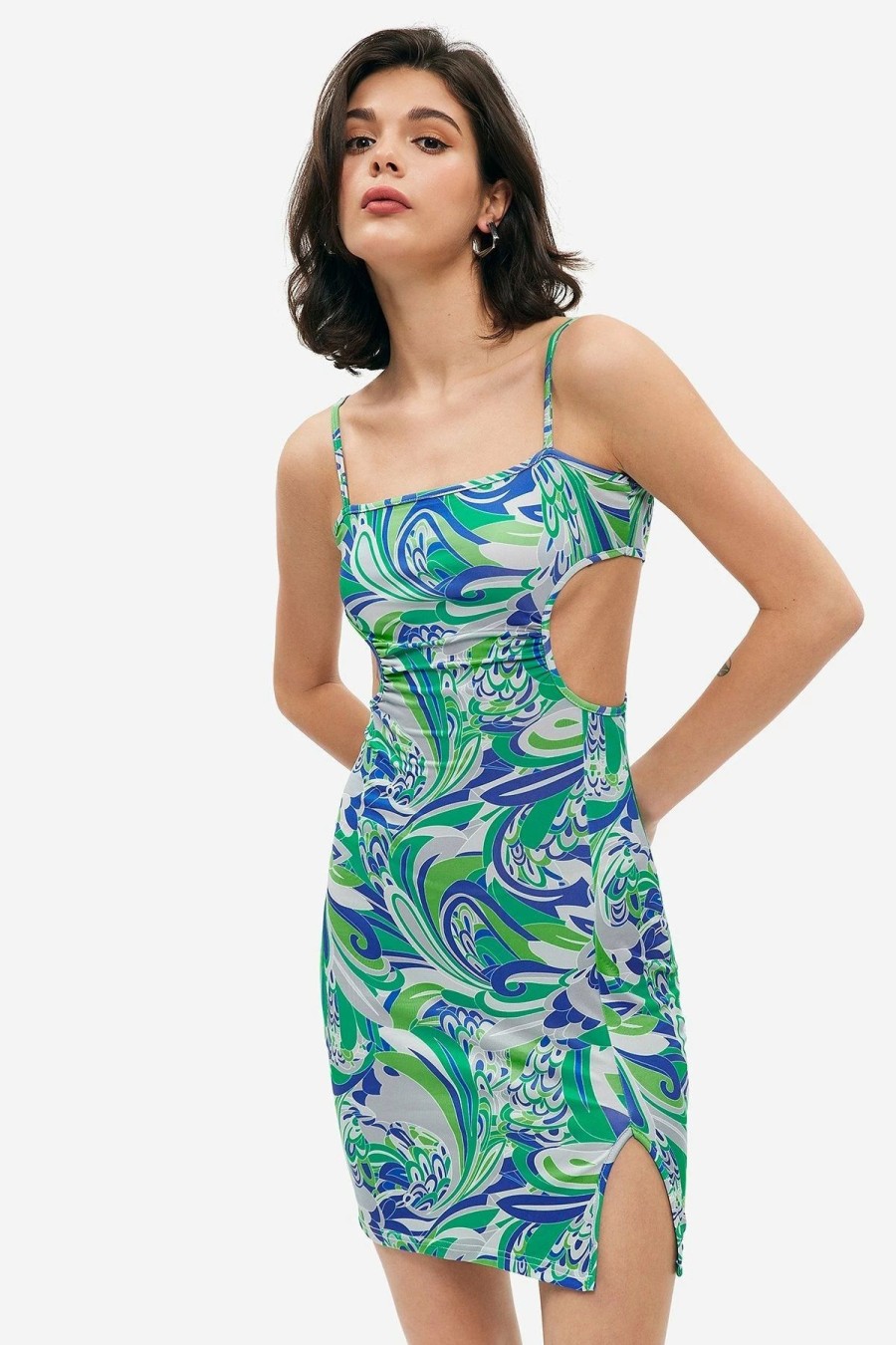 Best * Solado Abstract Print Cut Out Split Hem Mini Dress Green