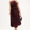 New * Solado Ruffle Trim Halter Neck Ruched Maxi Dress Darkred