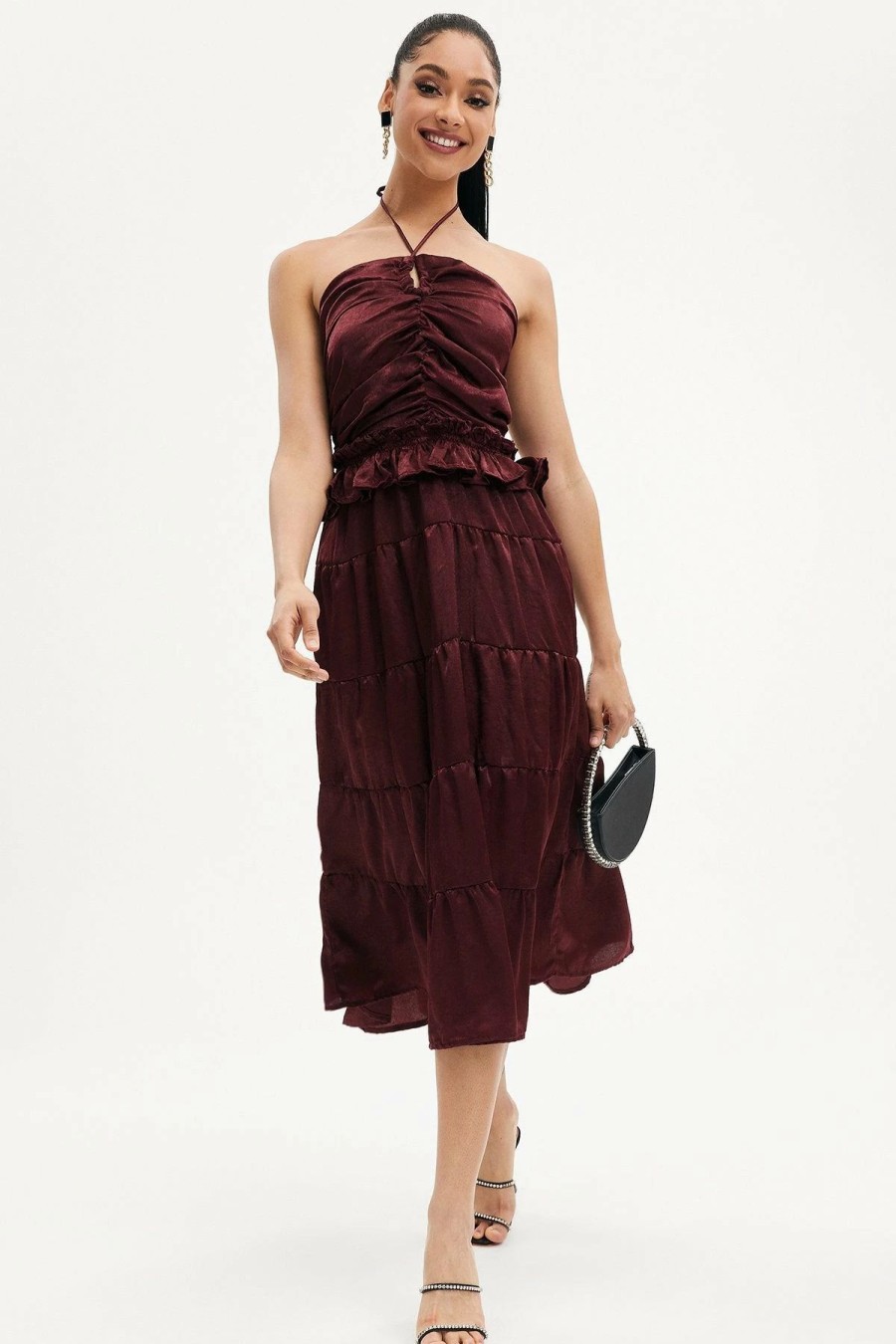 New * Solado Ruffle Trim Halter Neck Ruched Maxi Dress Darkred