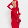 Hot * Solado Mock Neck Feather Trim Open Back Maxi Dress Red