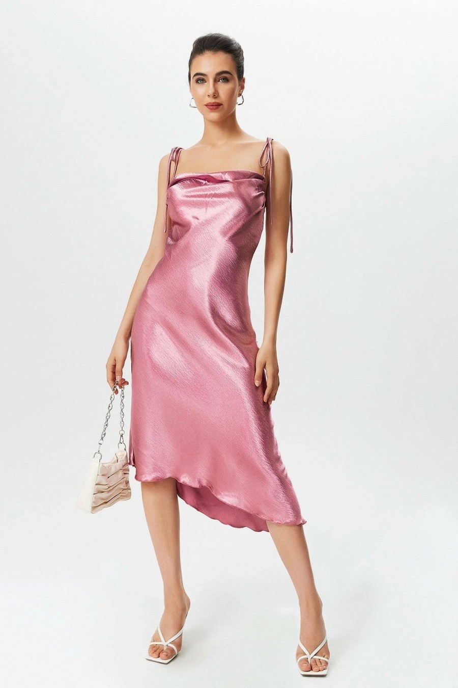 New * Solado Satin Irregular Hem Midi Dress Pink