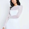 Wholesale * Solado Mesh Splicing Long Sleeve Bodycon Mini Dress White