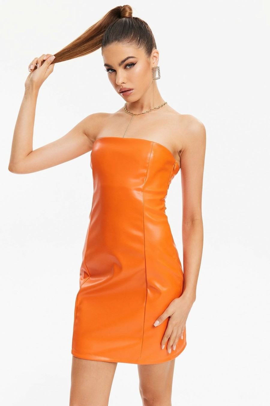 Wholesale * Solado Off Shoulder Pu Leather Bodycon Dress Orange