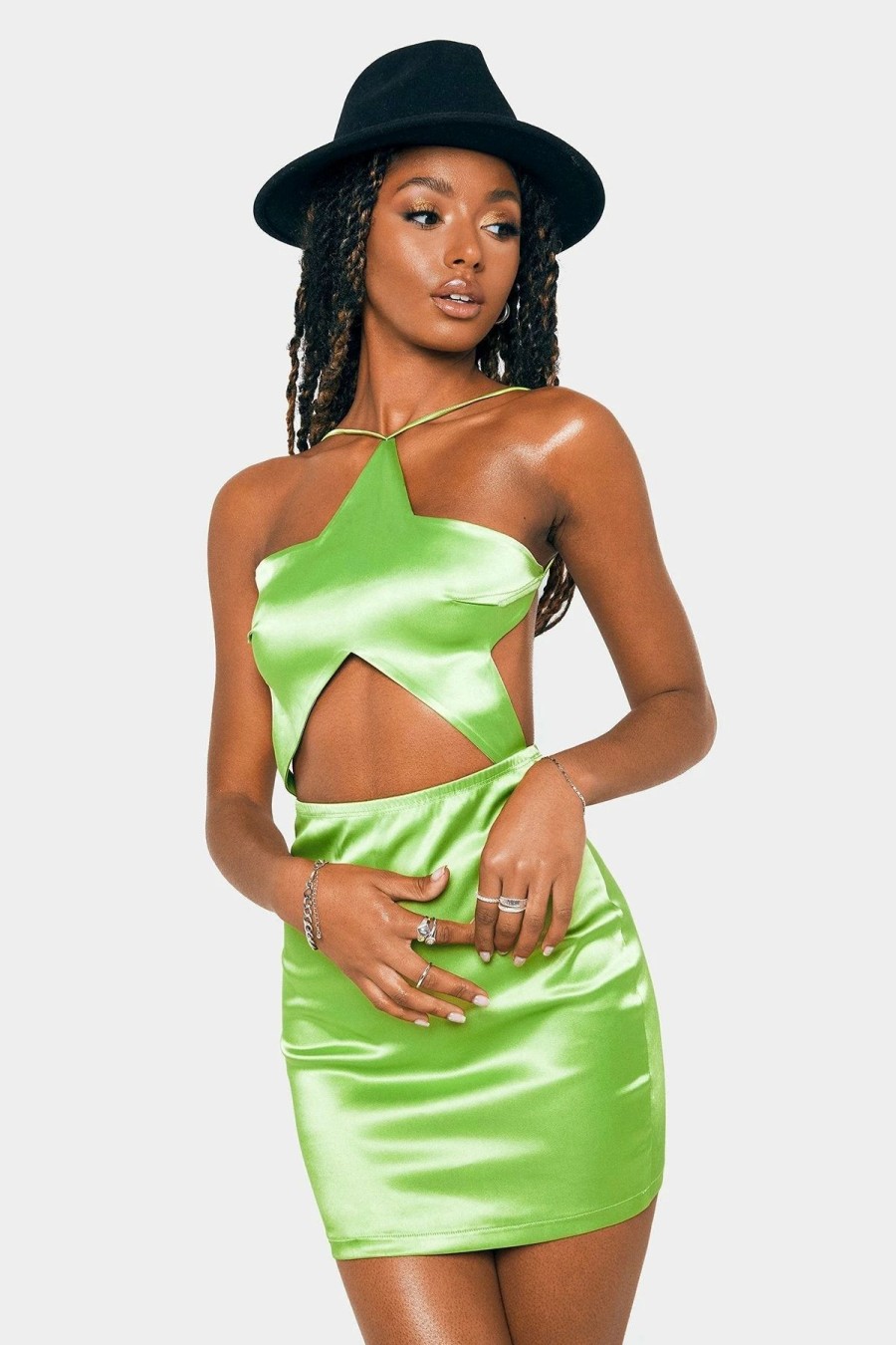 New * Solado Satin Halter Neck Cut Out Backless Mini Dress Lightgreen