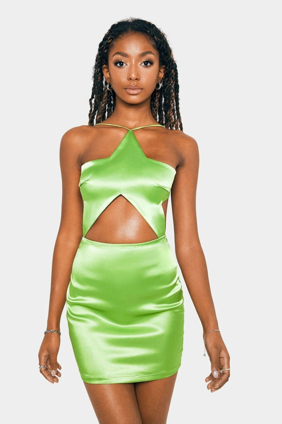 New * Solado Satin Halter Neck Cut Out Backless Mini Dress Lightgreen