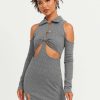 Wholesale * Solado Cold Shoulder Cut Out Knitted Long Sleeve Mini Dress Gray