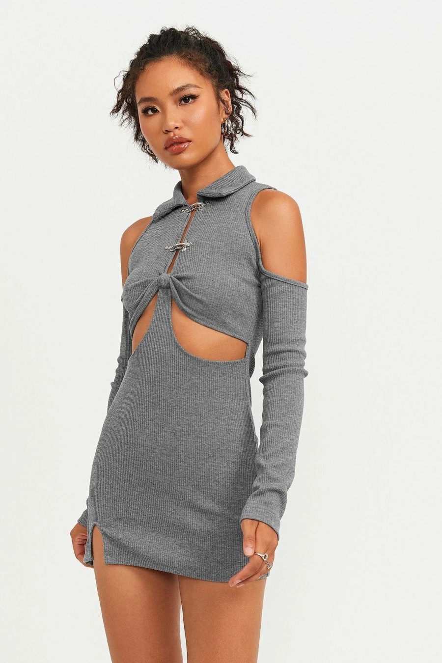 Wholesale * Solado Cold Shoulder Cut Out Knitted Long Sleeve Mini Dress Gray