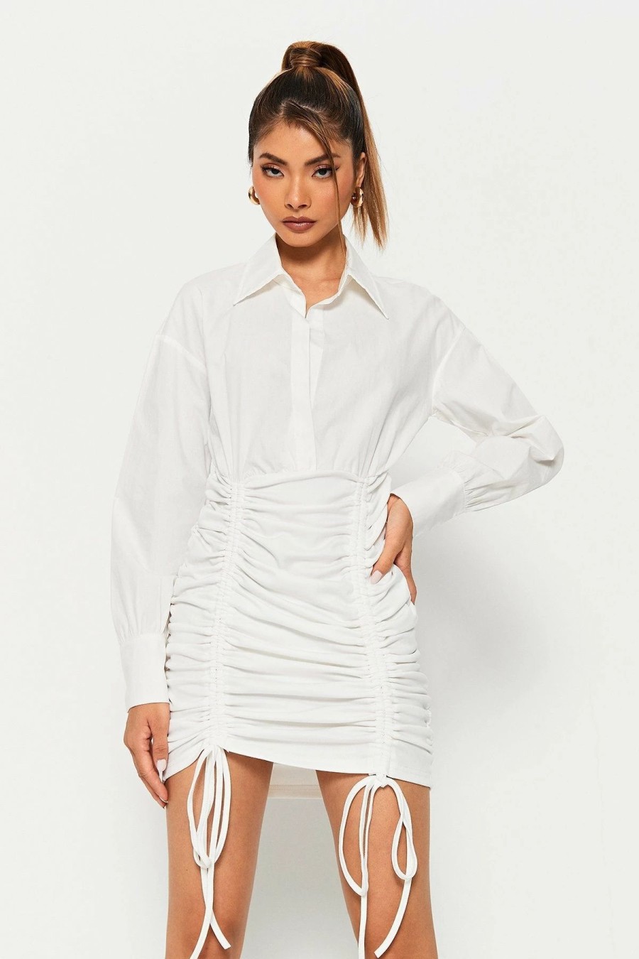 New * Solado Drop Shoulder Drawstring Ruched Mini Dress White