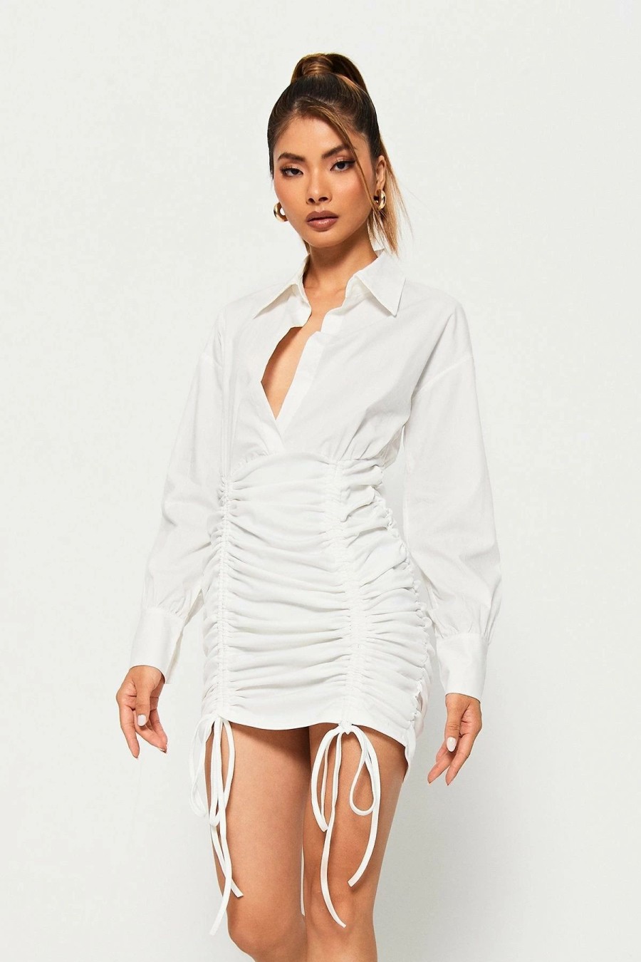 New * Solado Drop Shoulder Drawstring Ruched Mini Dress White