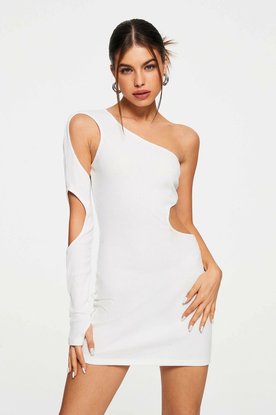 Hot * Solado One Sleeve Thumb Hole Cut Out Mini Dress White