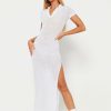 Wholesale * Solado Plunging Neck Split Hem Solid Short Sleeve Maxi Dress White