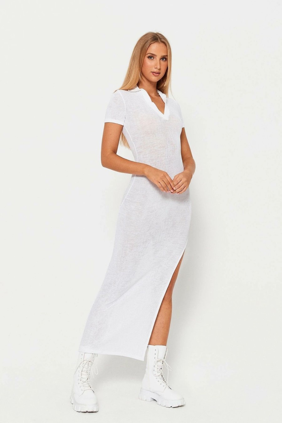 Wholesale * Solado Plunging Neck Split Hem Solid Short Sleeve Maxi Dress White