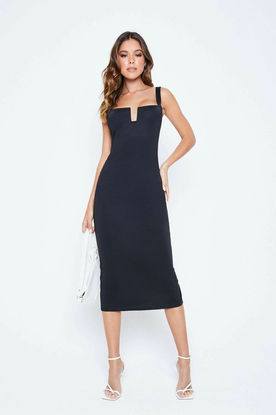 New * Solado Notched Neck Bodycon Twisted Silk Midi Dress Black