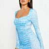 Online * Solado Abstract Print Long Sleeve Bodycon Mini Dress Lightblue