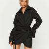 New * Solado Lapel Neck Tie Detail Ruched Long Sleeve Mini Dress Black