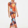 Online * Solado Abstract Print Mesh Short Sleeve Maxi Dress Without Underwear Orange