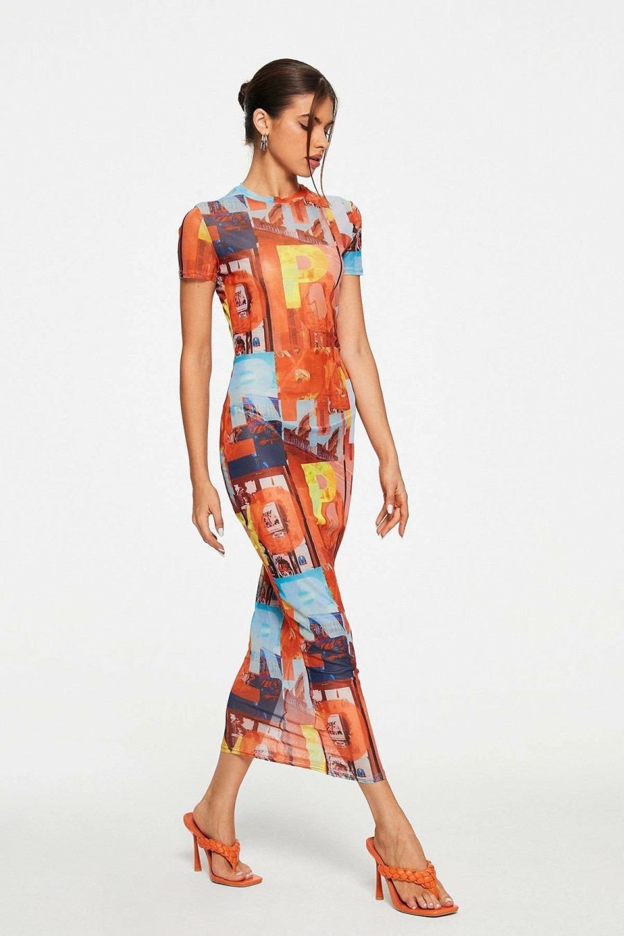 Online * Solado Abstract Print Mesh Short Sleeve Maxi Dress Without Underwear Orange