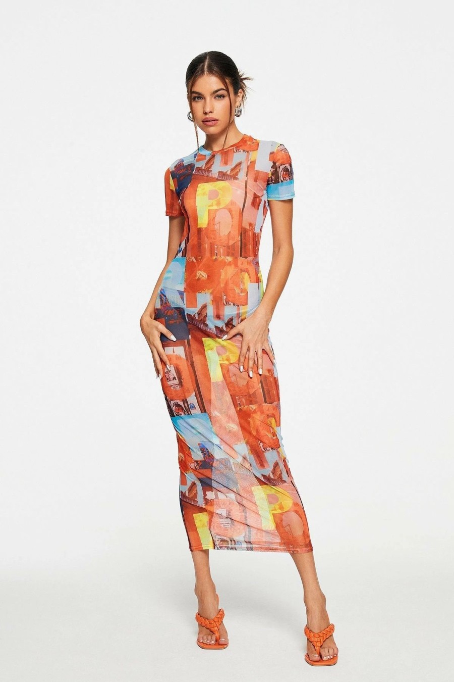 Online * Solado Abstract Print Mesh Short Sleeve Maxi Dress Without Underwear Orange