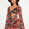 Clearance * Solado Cut Out Flared Sleeve Tie Front Mini Dress Brown