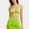 Hot * Solado Plunging Neck Cross Tie Ruched Drawstring Mini Dress Greenyellow