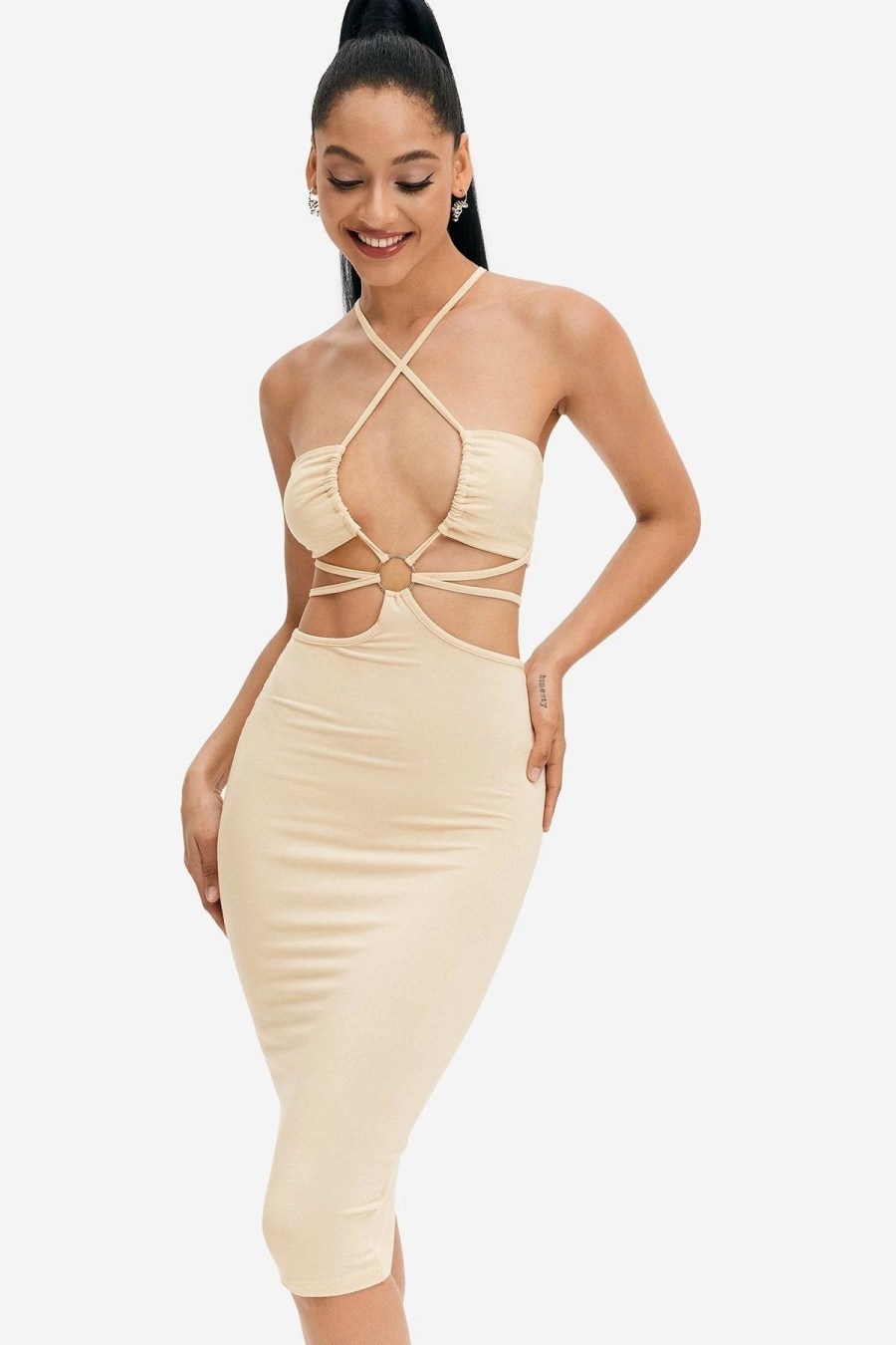 Hot * Solado Cross Wrap Tie Back Solid Bodycon Maxi Dress Beige