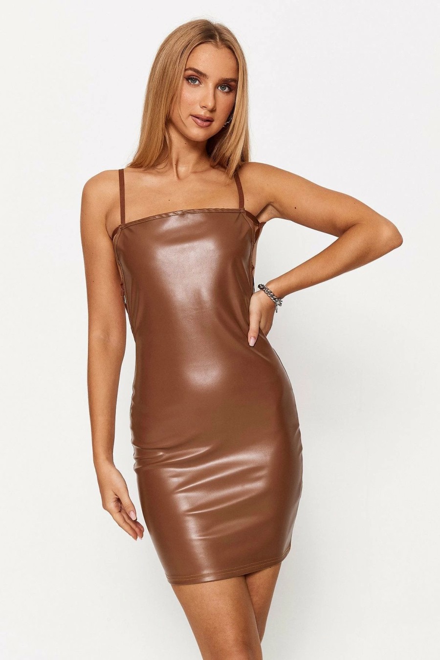 Wholesale * Solado Open Back Pu Leather Bodycon Mini Dress Brown