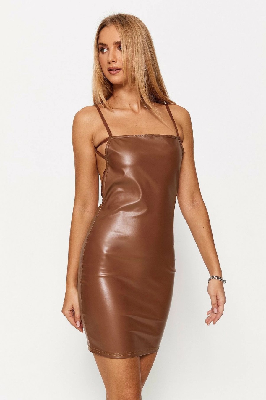 Wholesale * Solado Open Back Pu Leather Bodycon Mini Dress Brown