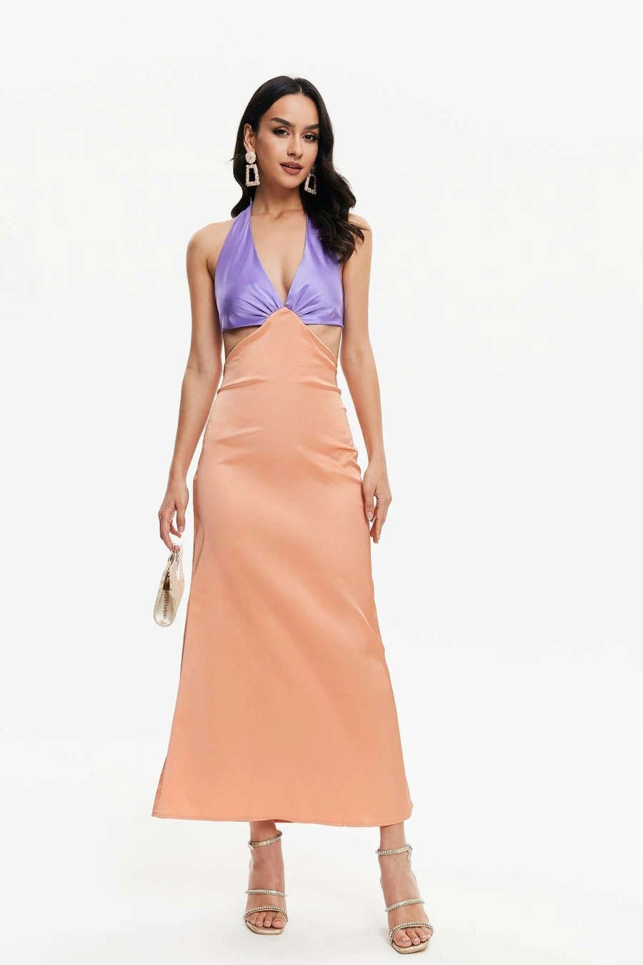 Online * Solado Satin Two Tone Backless Maxi Dress Orange