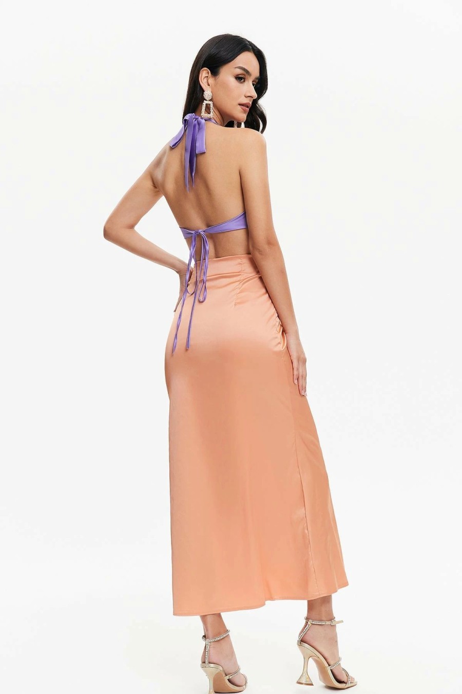 Online * Solado Satin Two Tone Backless Maxi Dress Orange