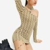 Wholesale * Solado Check Print Asymmetrical Neck Cold Shoulder Mini Dress Khaki