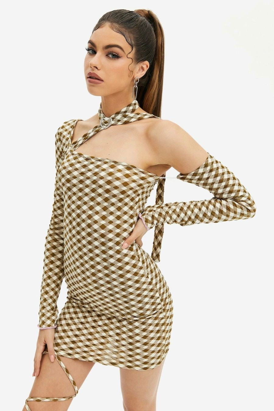 Wholesale * Solado Check Print Asymmetrical Neck Cold Shoulder Mini Dress Khaki