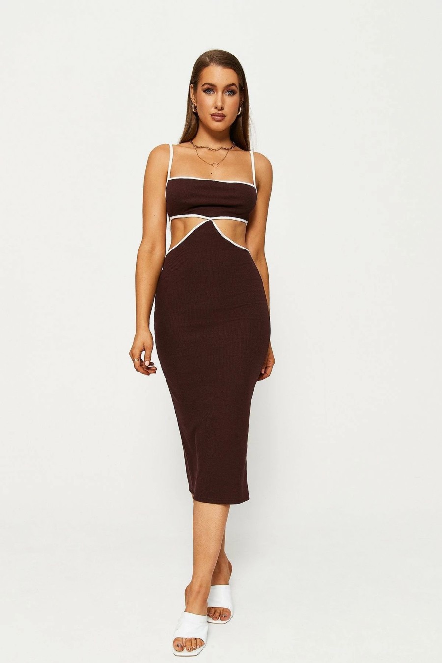 Clearance * Solado Colorblock Trim Open Back Split Hem Midi Dress Brown