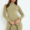 Clearance * Solado Lettuce Trim Solid Long Sleeve Sweater Dress Darkseagreen