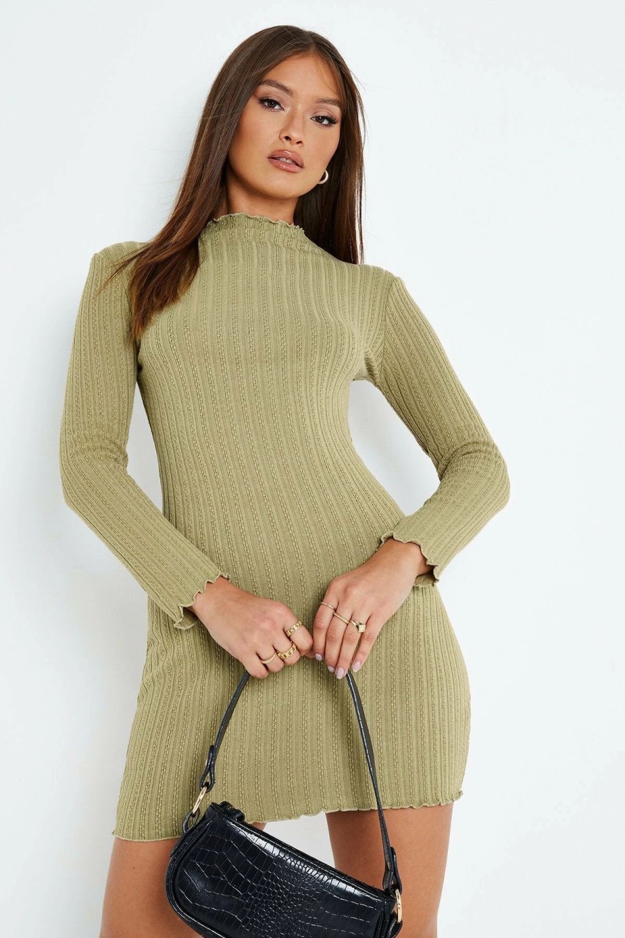 Clearance * Solado Lettuce Trim Solid Long Sleeve Sweater Dress Darkseagreen