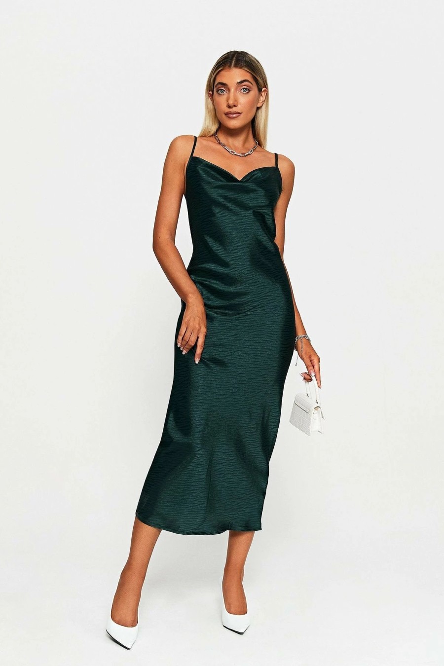 New * Solado Cowl Neck Jacquard Bodycon Midi Dress Darkgreen