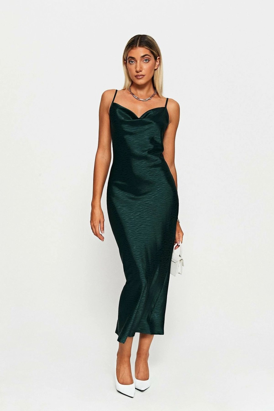 New * Solado Cowl Neck Jacquard Bodycon Midi Dress Darkgreen