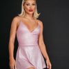 Hot * Solado Plunging Neck Glitter A-Line Solid Mini Dress Without Headband Pink