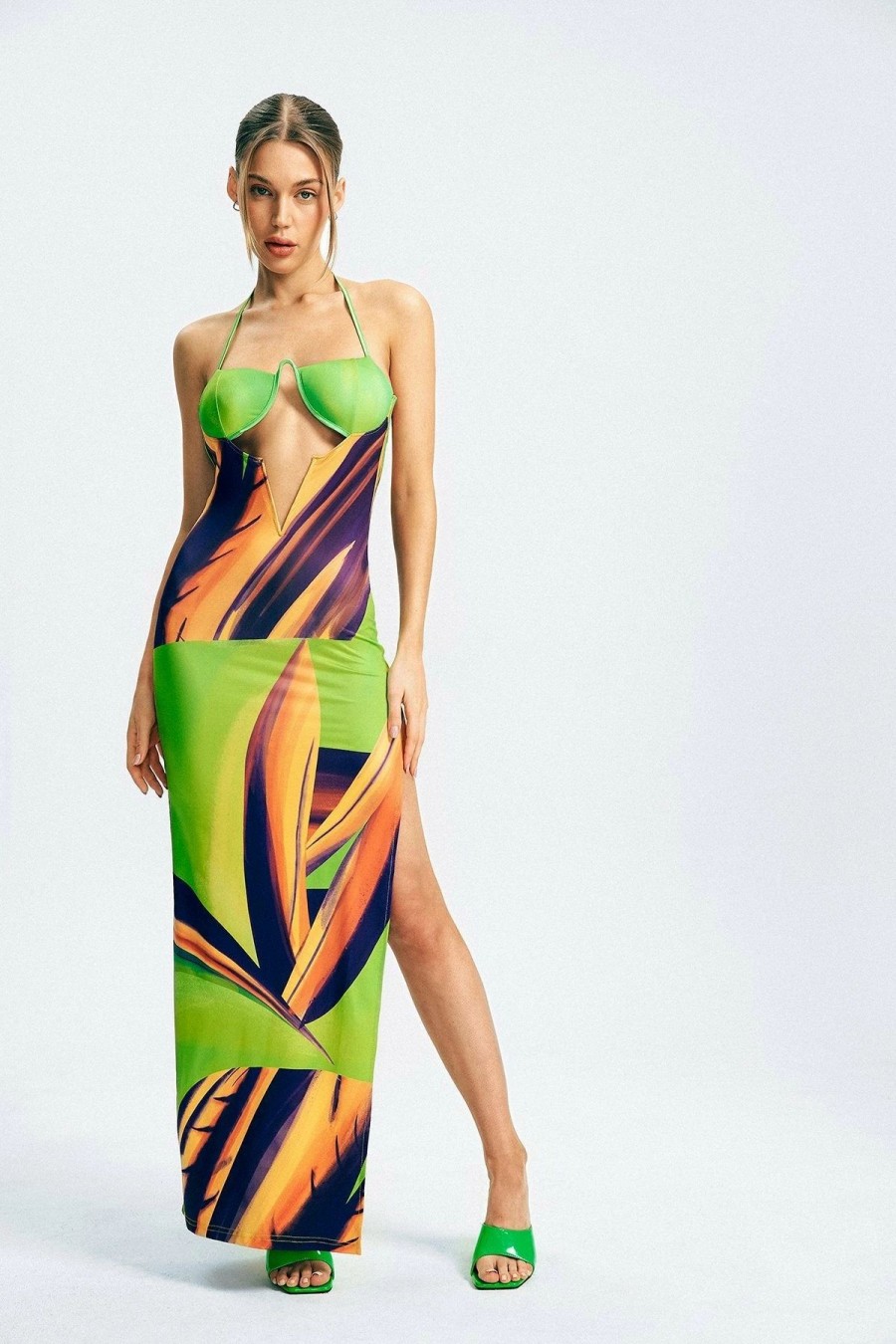 Hot * Solado Side Split Cut Out Abstract Print Boning Maxi Dress Green